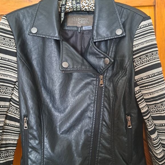 Faux Leather Moto Jacket with Knit Sleeves - Picture 8 of 14